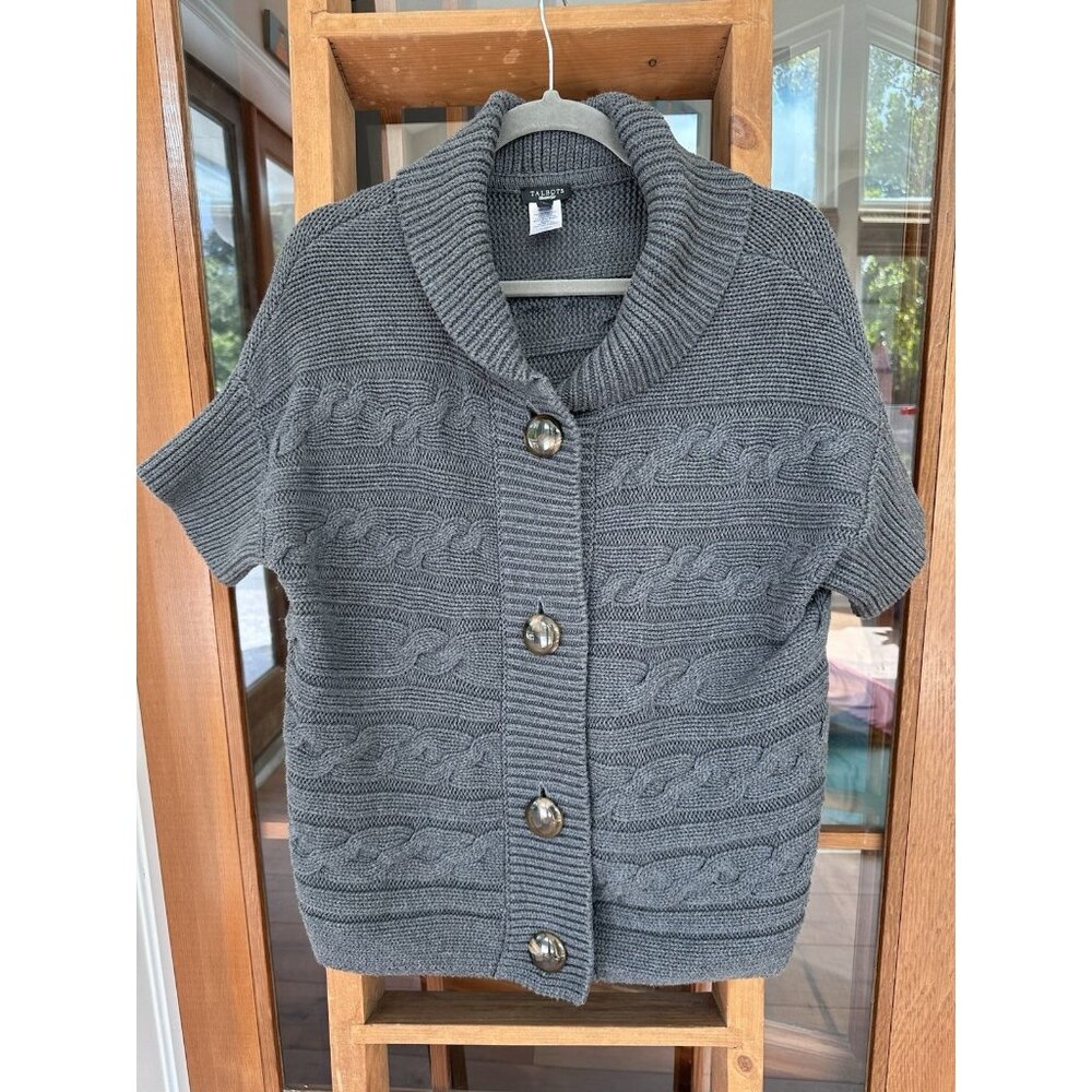 Talbots Women's M Button Front Short Sleeve Grey Cable Knit Sweater Old Money